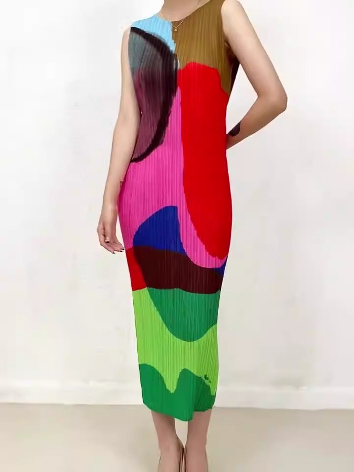 Printed slimming pencil skirt retro color blocking pleated texture sleeveless dress medium length style
