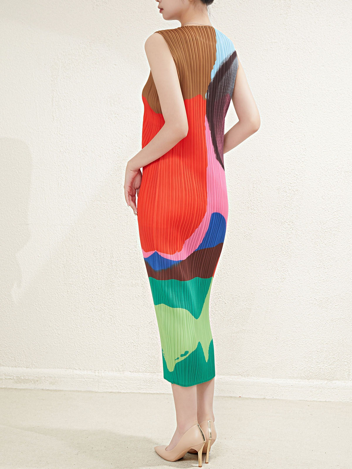 Printed slimming pencil skirt retro color blocking pleated texture sleeveless dress medium length style