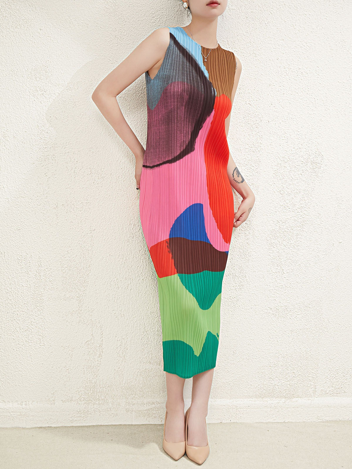 Printed slimming pencil skirt retro color blocking pleated texture sleeveless dress medium length style