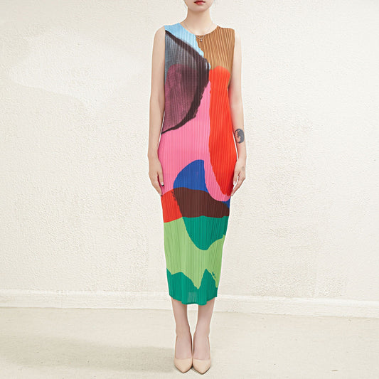 Printed slimming pencil skirt retro color blocking pleated texture sleeveless dress medium length style