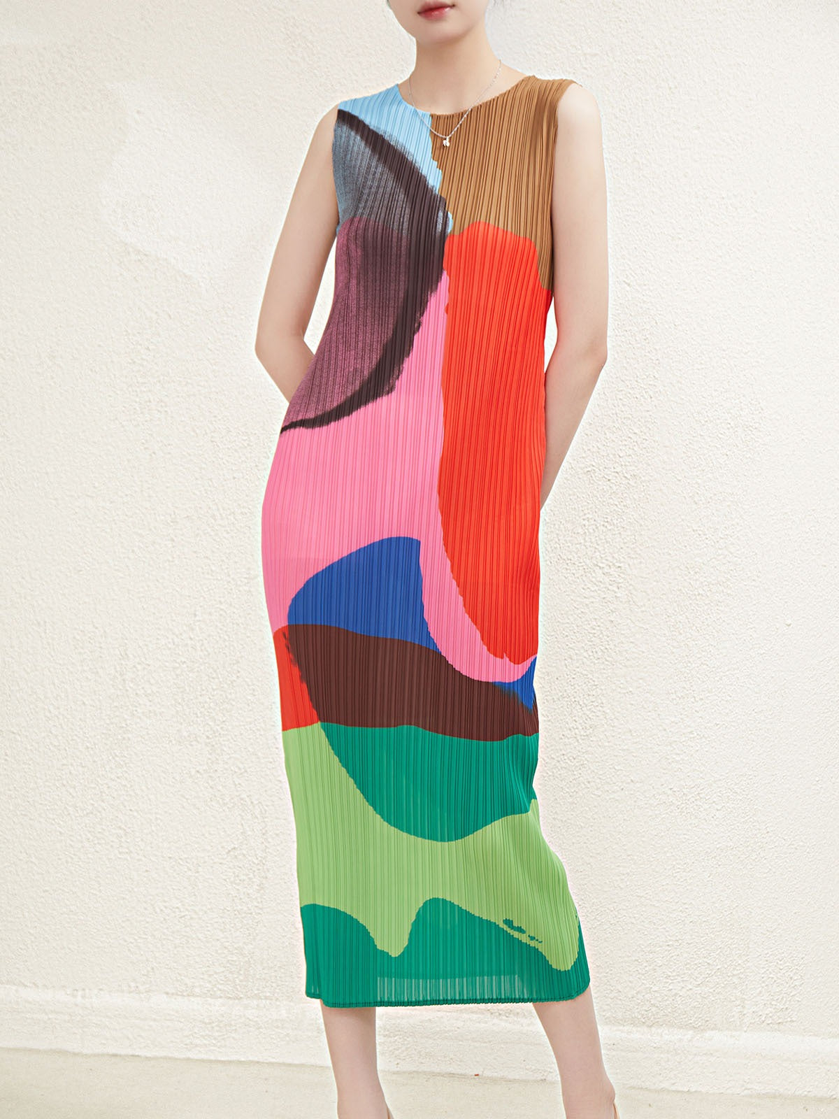 Printed slimming pencil skirt retro color blocking pleated texture sleeveless dress medium length style