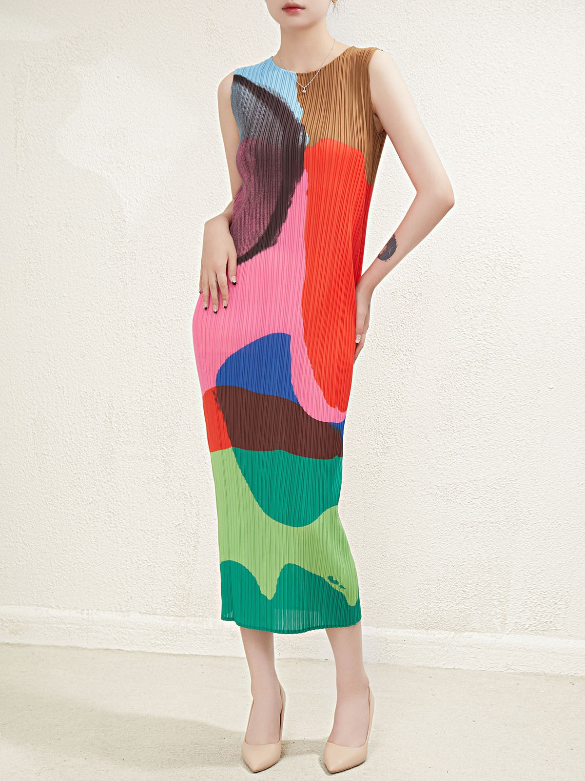 Printed slimming pencil skirt retro color blocking pleated texture sleeveless dress medium length style