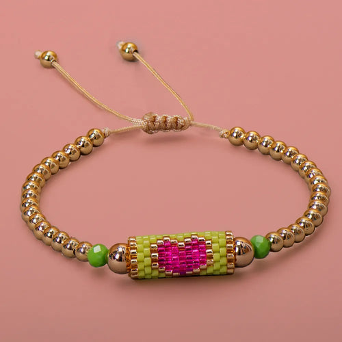 Heart Miyuki Bracelet Handmade Woven Adjustable Hard Golden Plated
