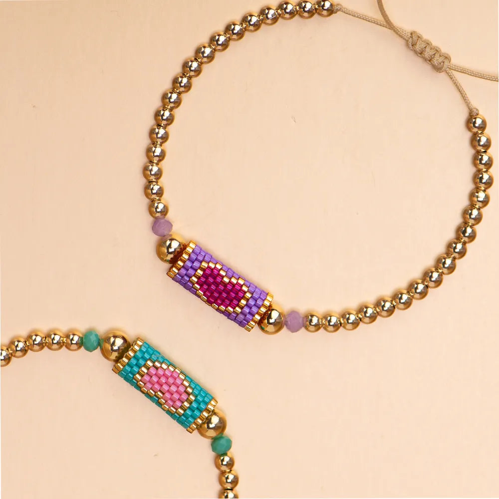 Heart Miyuki Bracelet Handmade Woven Adjustable Hard Golden Plated