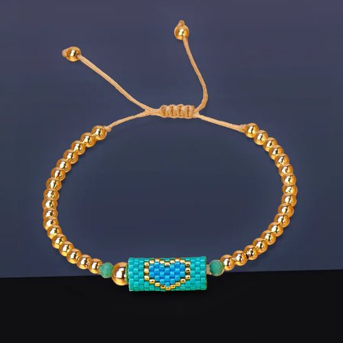 Heart Miyuki Bracelet Handmade Woven Adjustable Hard Golden Plated