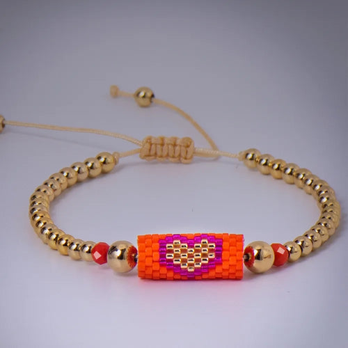 Heart Miyuki Bracelet Handmade Woven Adjustable Hard Golden Plated
