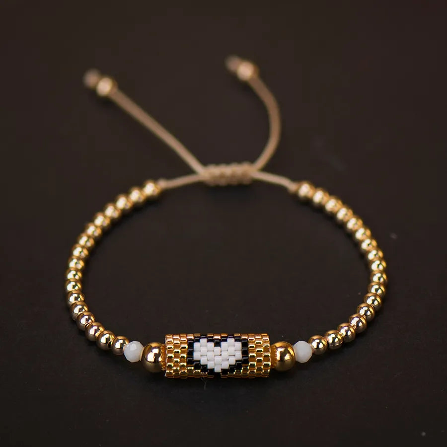 Heart Miyuki Bracelet Handmade Woven Adjustable Hard Golden Plated