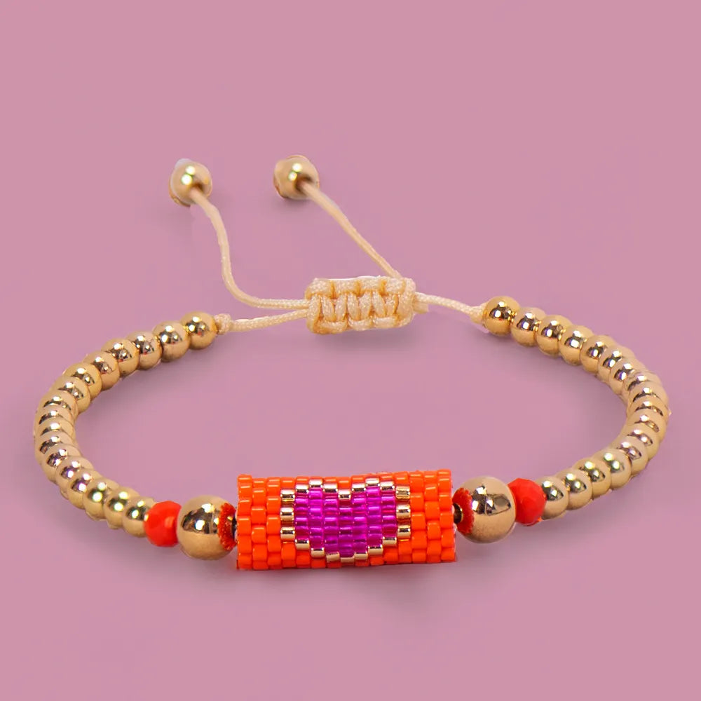 Heart Miyuki Bracelet Handmade Woven Adjustable Hard Golden Plated