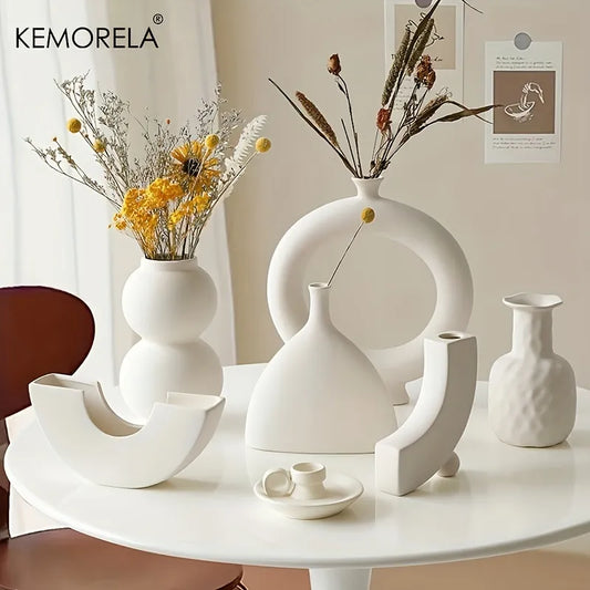 Nordic Ceramic Vase Circular Hollow Donuts Flower Pot Home Living Room