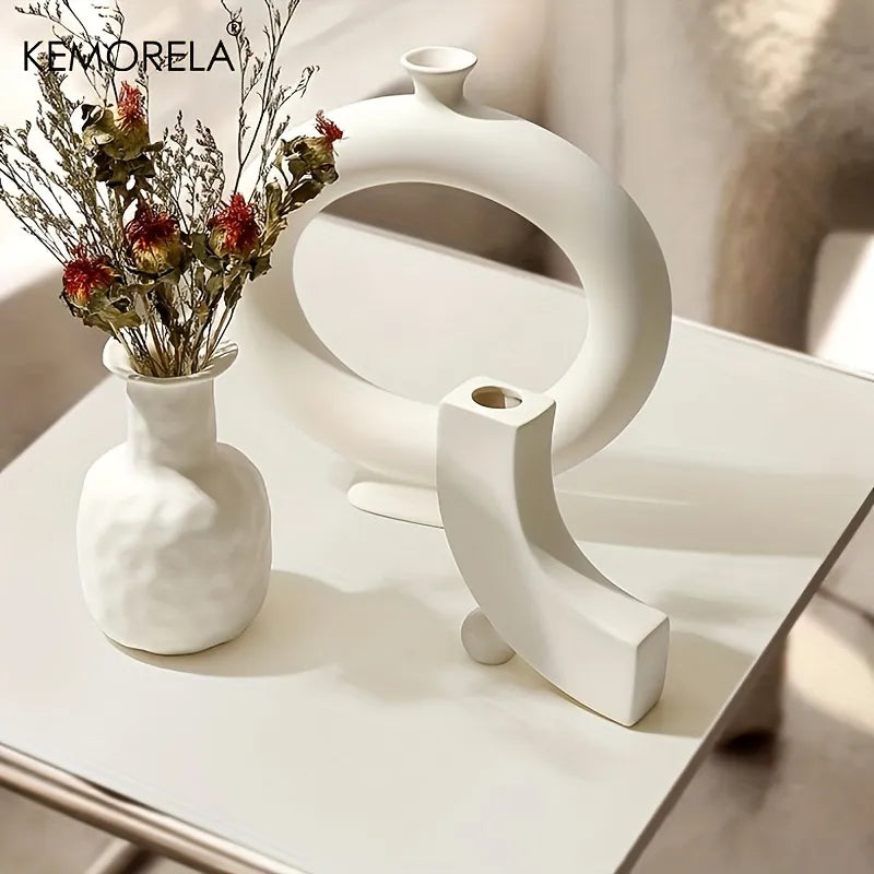 Nordic Ceramic Vase Circular Hollow Donuts Flower Pot Home Living Room