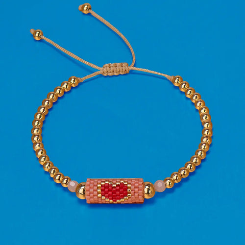 Heart Miyuki Bracelet Handmade Woven Adjustable Hard Golden Plated