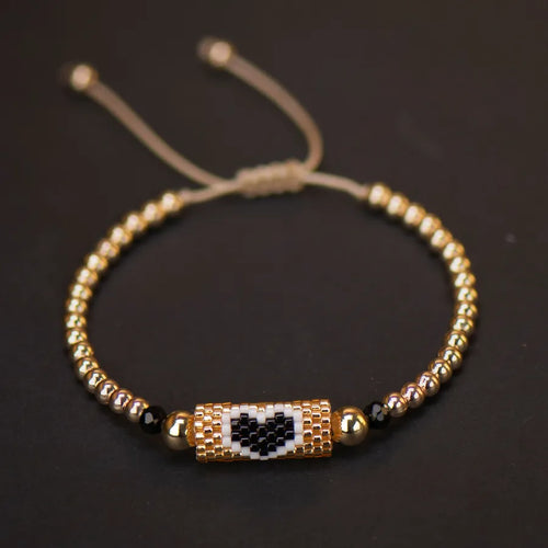 Heart Miyuki Bracelet Handmade Woven Adjustable Hard Golden Plated