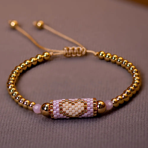 Heart Miyuki Bracelet Handmade Woven Adjustable Hard Golden Plated