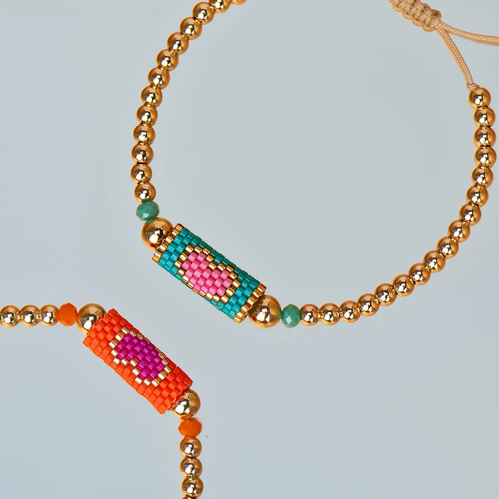Heart Miyuki Bracelet Handmade Woven Adjustable Hard Golden Plated