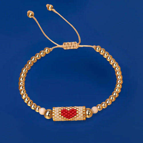 Heart Miyuki Bracelet Handmade Woven Adjustable Hard Golden Plated