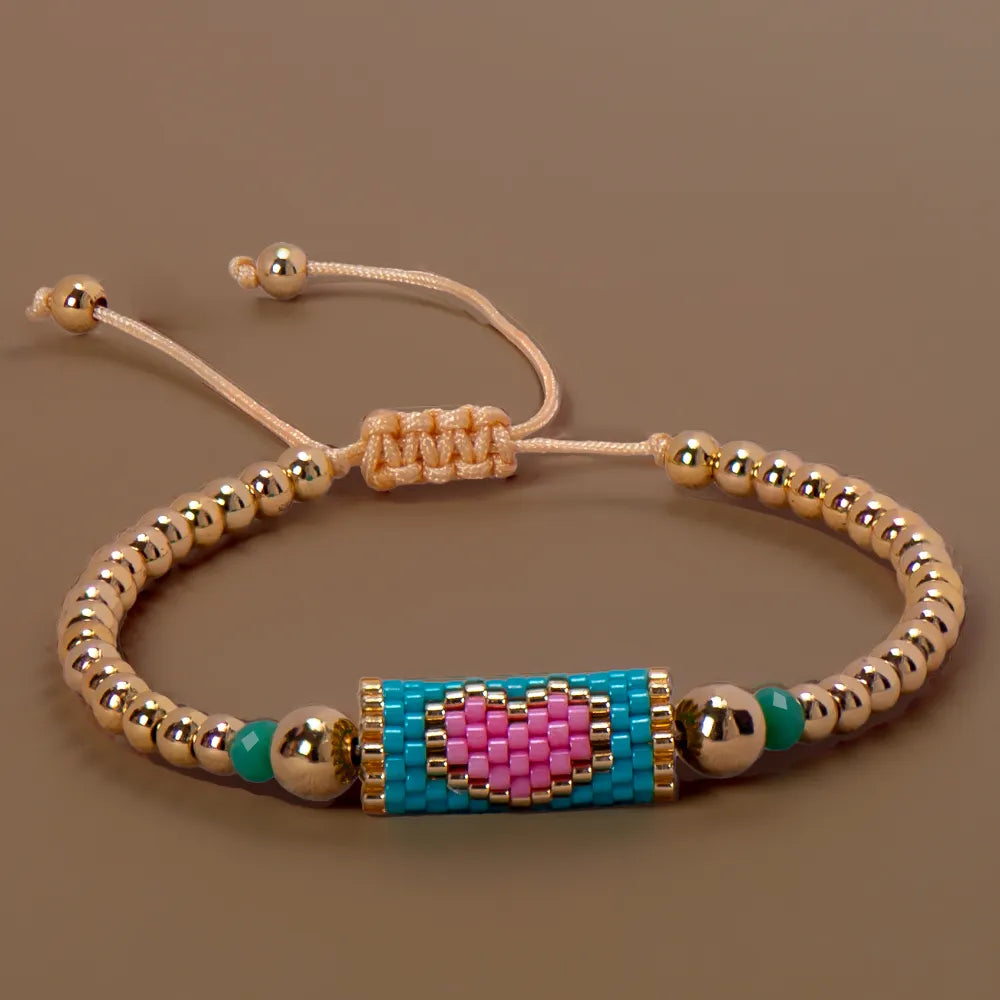 Heart Miyuki Bracelet Handmade Woven Adjustable Hard Golden Plated