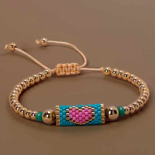 Heart Miyuki Bracelet Handmade Woven Adjustable Hard Golden Plated
